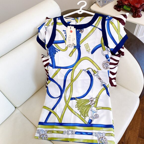 New Chain Print Short Sleeve Blue Green White Dress, Size Small - Picture 7 of 7